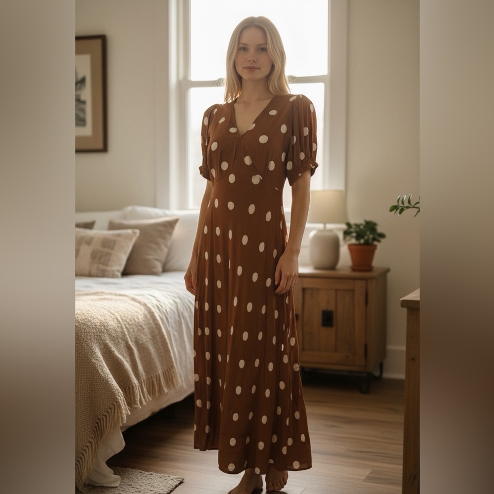 a new day Brown and White Polka Dot Maxi Dress